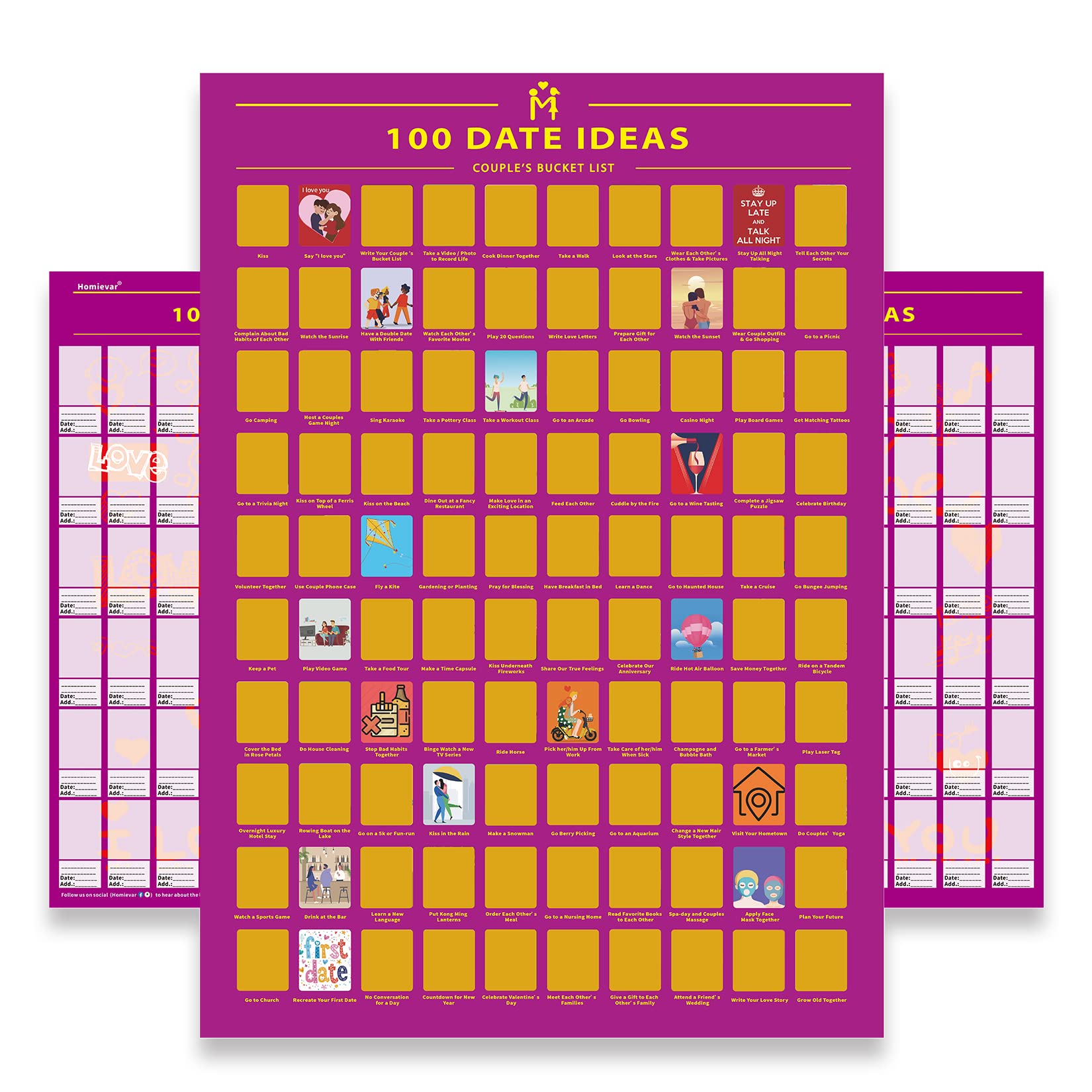 HOMIEVAR 100 Date Scratch Posters Wall Chart - Couples Bucket List - Games Date Night Ideas Valentine's Day Anniversaries Gift Bedroom Decor - A2 (42x59 cm)