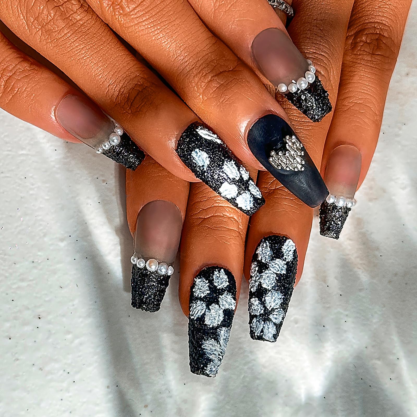 Sethexy Punk Long Coffin False Nails Handmade French Matte Acrylic Press On Nails Hand-painted Black Rose Fake Nails 3D Pearl Bear Salon Quality Nail for Women and Girls(Q)