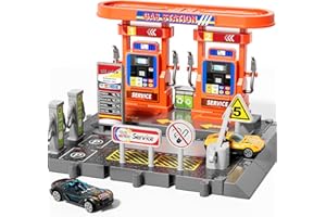 KIZONLY Toy Cars Playsets, Activity Drivers Playset, Gasstation with Moveable Hoses, Parking lot, 1:64 Scale Toy Cars and Car Garage Toys for Toddlers 1-3, Car-Activated Playing Method