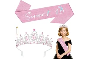 Sweet 16 Birthday Decorations – Silver Alloy Crown with Pink Rhinestones & Pink Satin “Sweet 16” Sash, 63"x3.7", Adjustable P