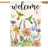 AVOIN colorlife Hummingbird Spring Flowers House Flag 28 x 40 Inch Double Sided, Seasonal Welcome Yard Outdoor Flag