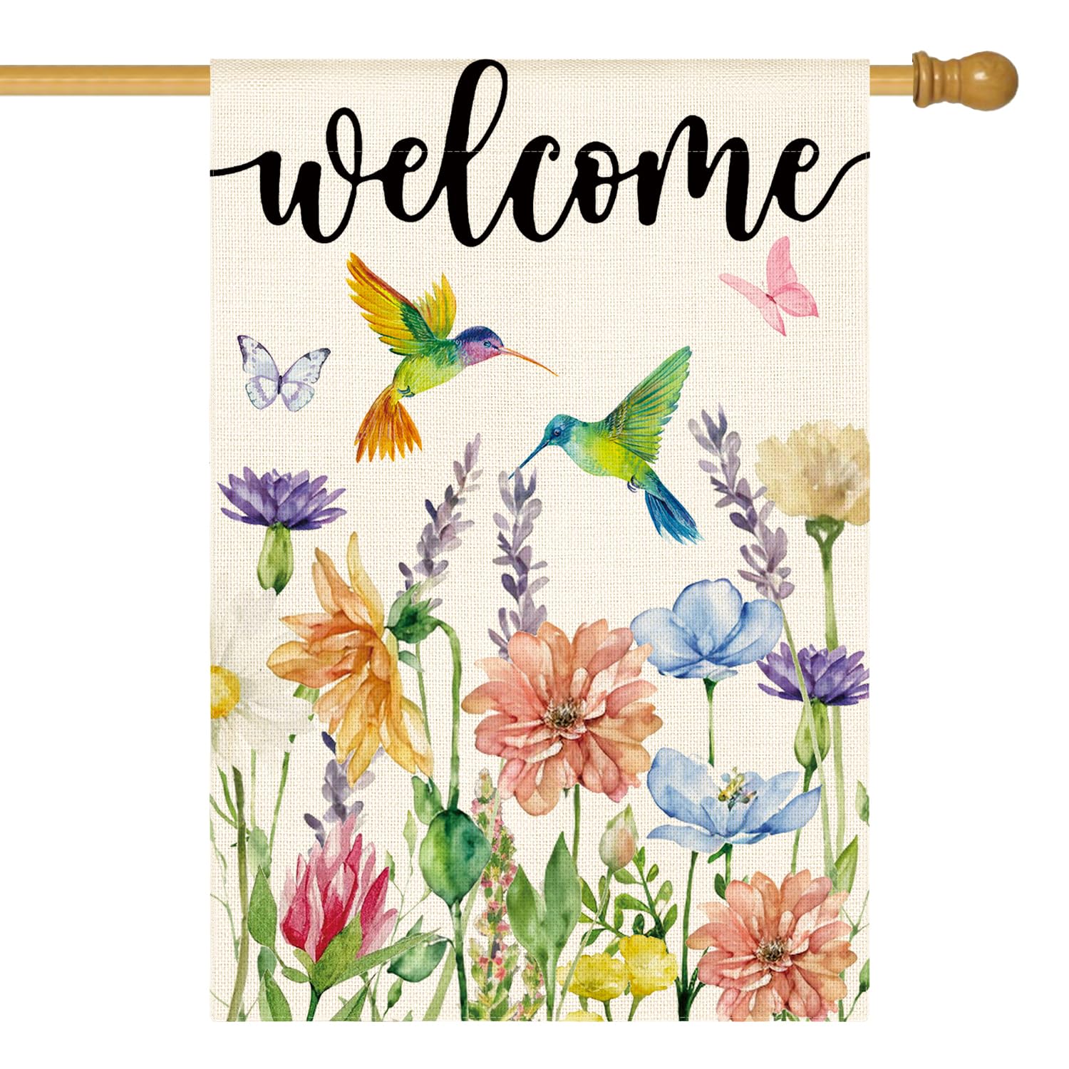 Photo 1 of AVOIN colorlife Hummingbird Spring Flowers House Flag 28 x 40 Inch Double Sided, Seasonal Welcome Yard Outdoor Flag