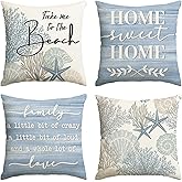 AVOIN colorlife Summer Take Me to The Beach Coral Starfish Throw Pillow Covers, 18 x 18 Inch Home Sweet Home Motto Blue Cushion Case for Sofa Couch Set of 4