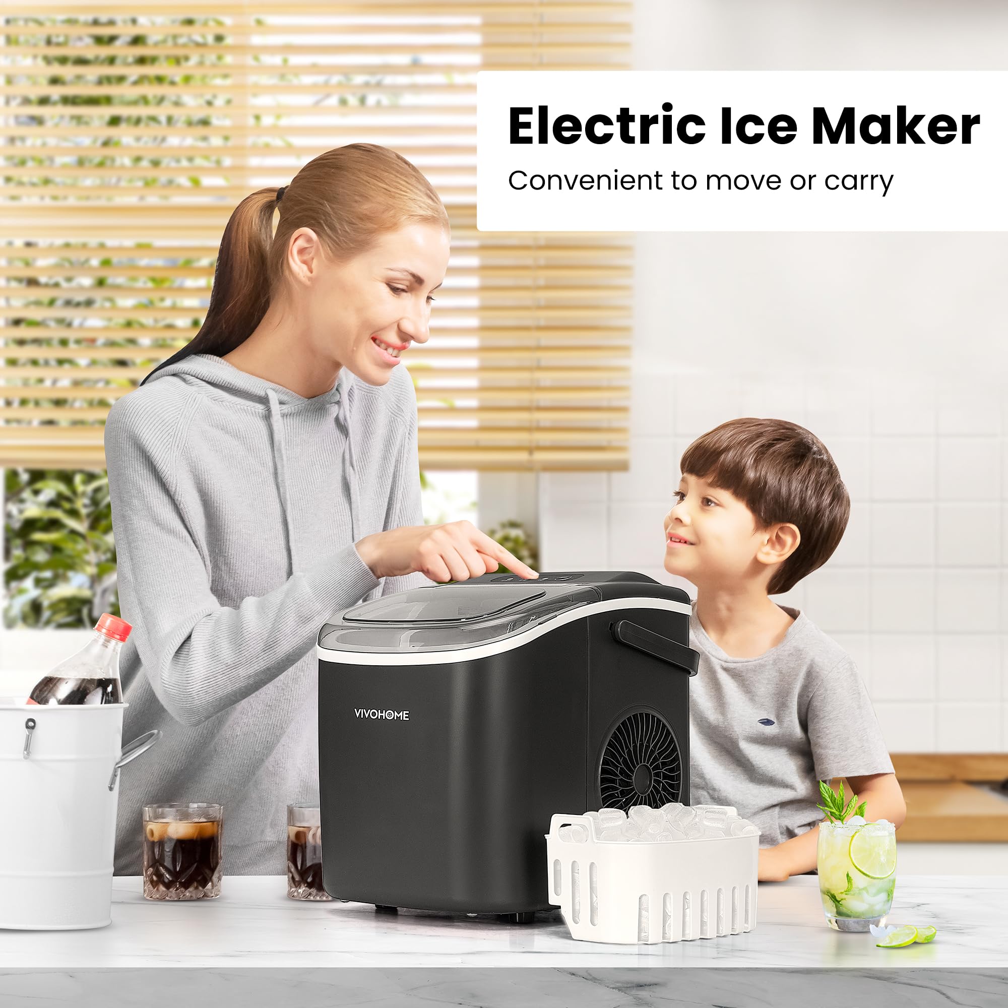 VIVOHOME Countertop Ice Maker with Handle 26lbs/Day 9 Ice Cubes in 6 Mins Portable Ice Maker Machine 10 Ice Bags and Self Cleaning Ice Cube Maker Black