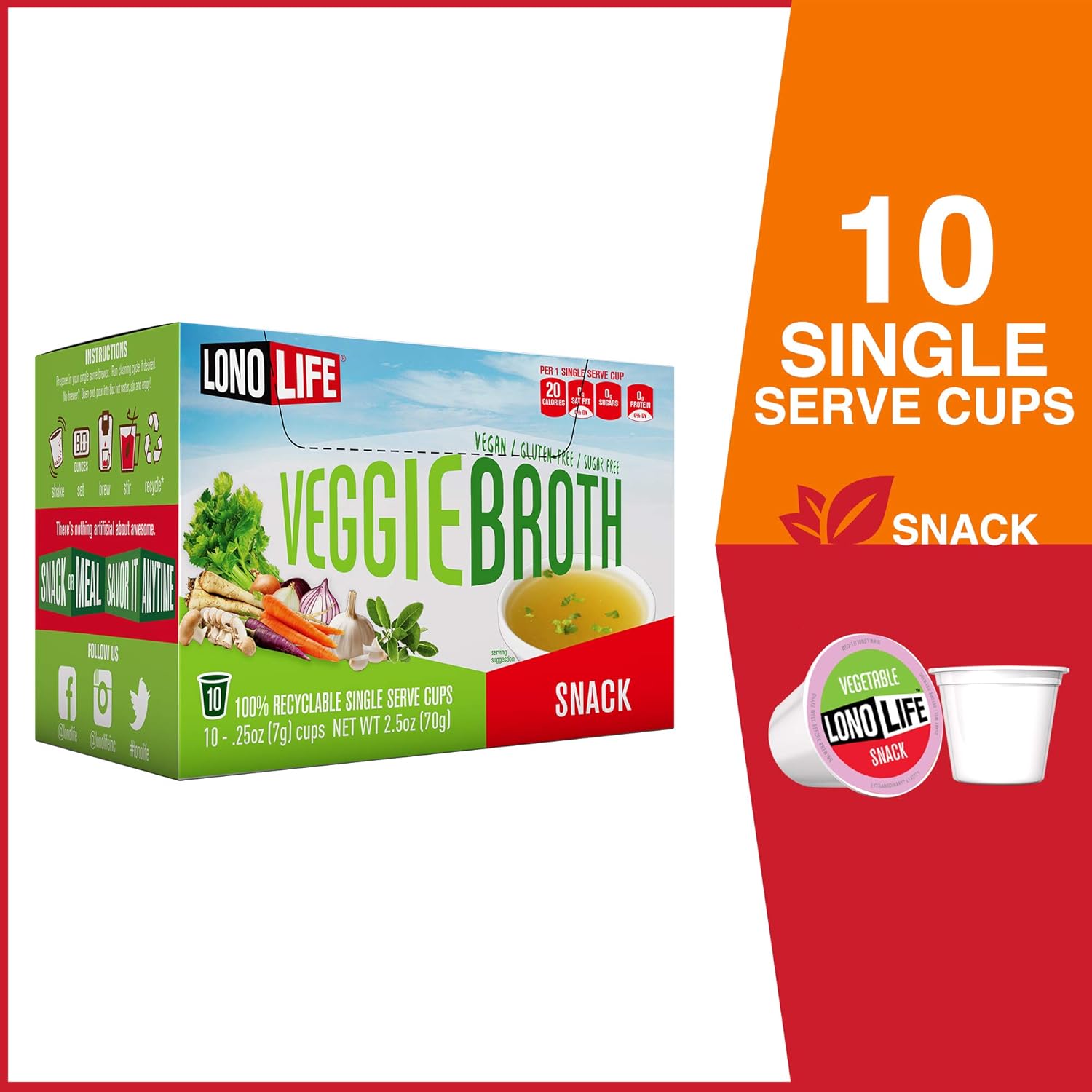 LonoLife Veggie Broth Snack, Low-carb, Vegan, Instant Soup, Single Serve Cups, 10 Count
