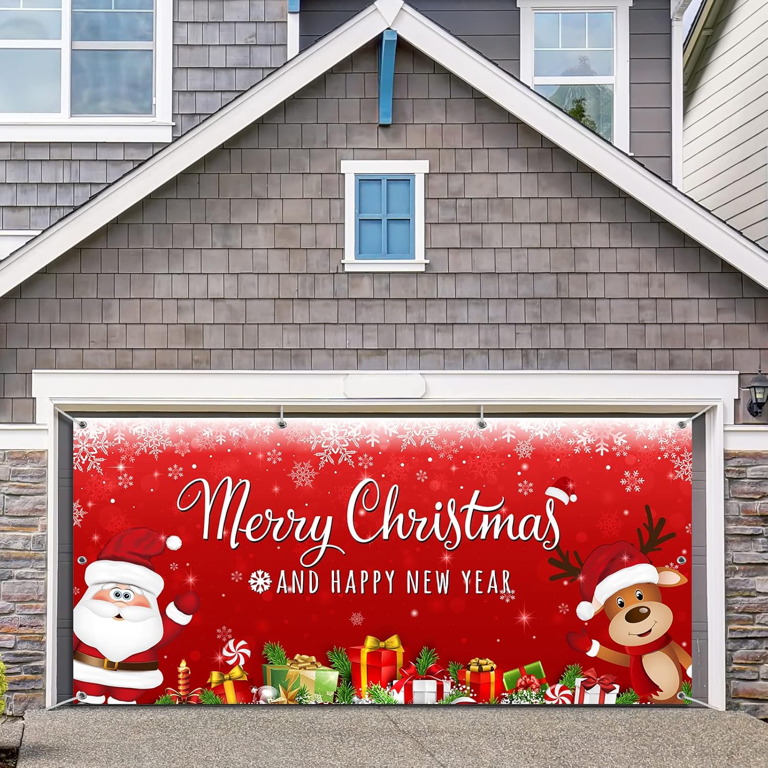Garage Door Decorations - Christmas Garage Door Banner Cover 6 x 13 ft, Extra Large Fabric Santa Claus Reindeer Christmas Backdrop Photo Booth Background Yard Sign for Xmas Holiday Winter New Year Party Supplies, Red & Green