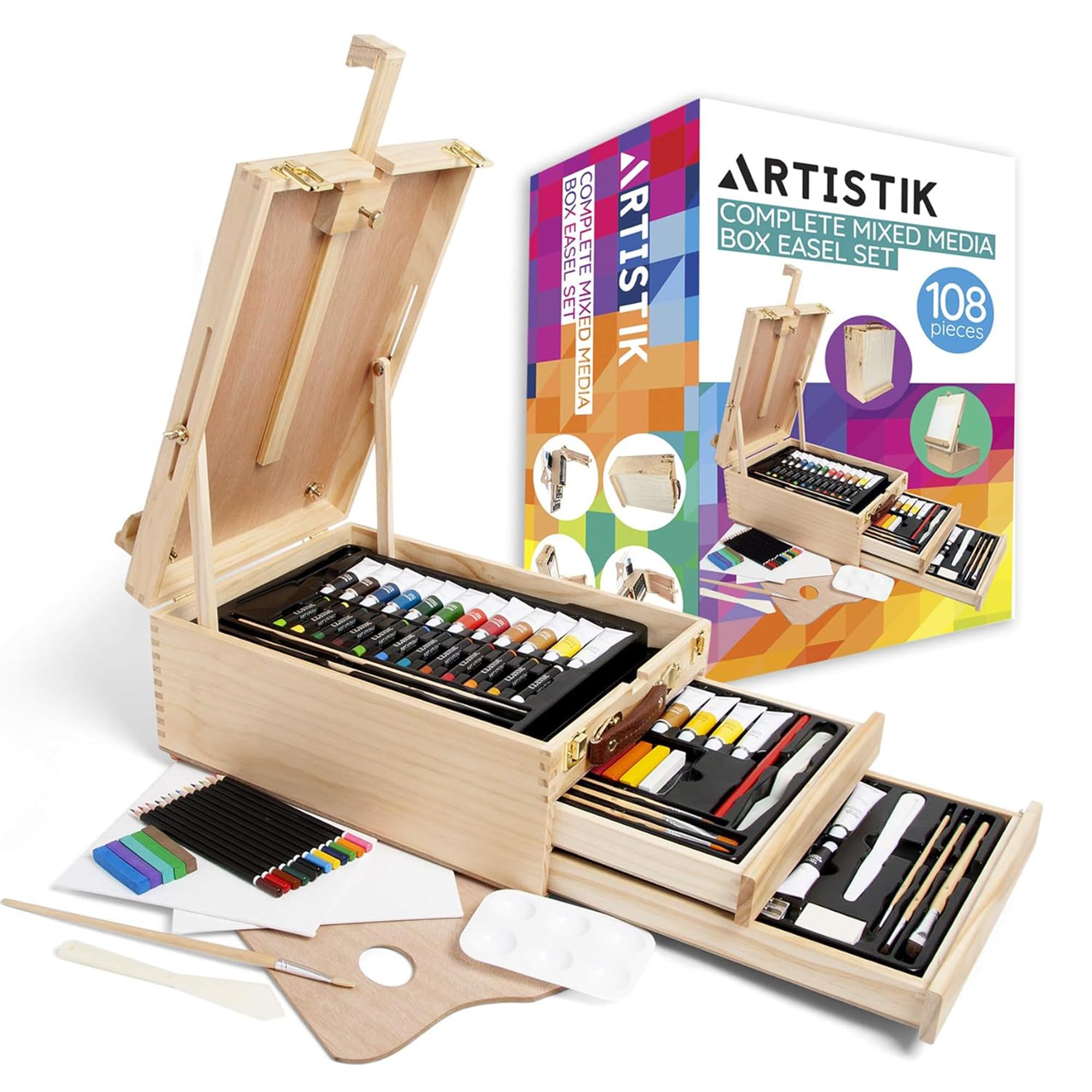 Artistik Complete Mixed Media Box Easel Art Set – 108-Piece Artist Paint Set with 2 Drawers – Wooden Desktop Easel Painting Kit for Drawing, Painting, and Sketching