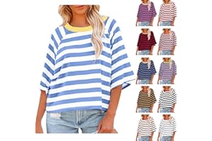 GOBUQIRAN Striped Tshirt Women Loose Fit Quarter Sleeve Tops for Women Plus Size Summer Tops for Women 2024 Trendy Crewneck