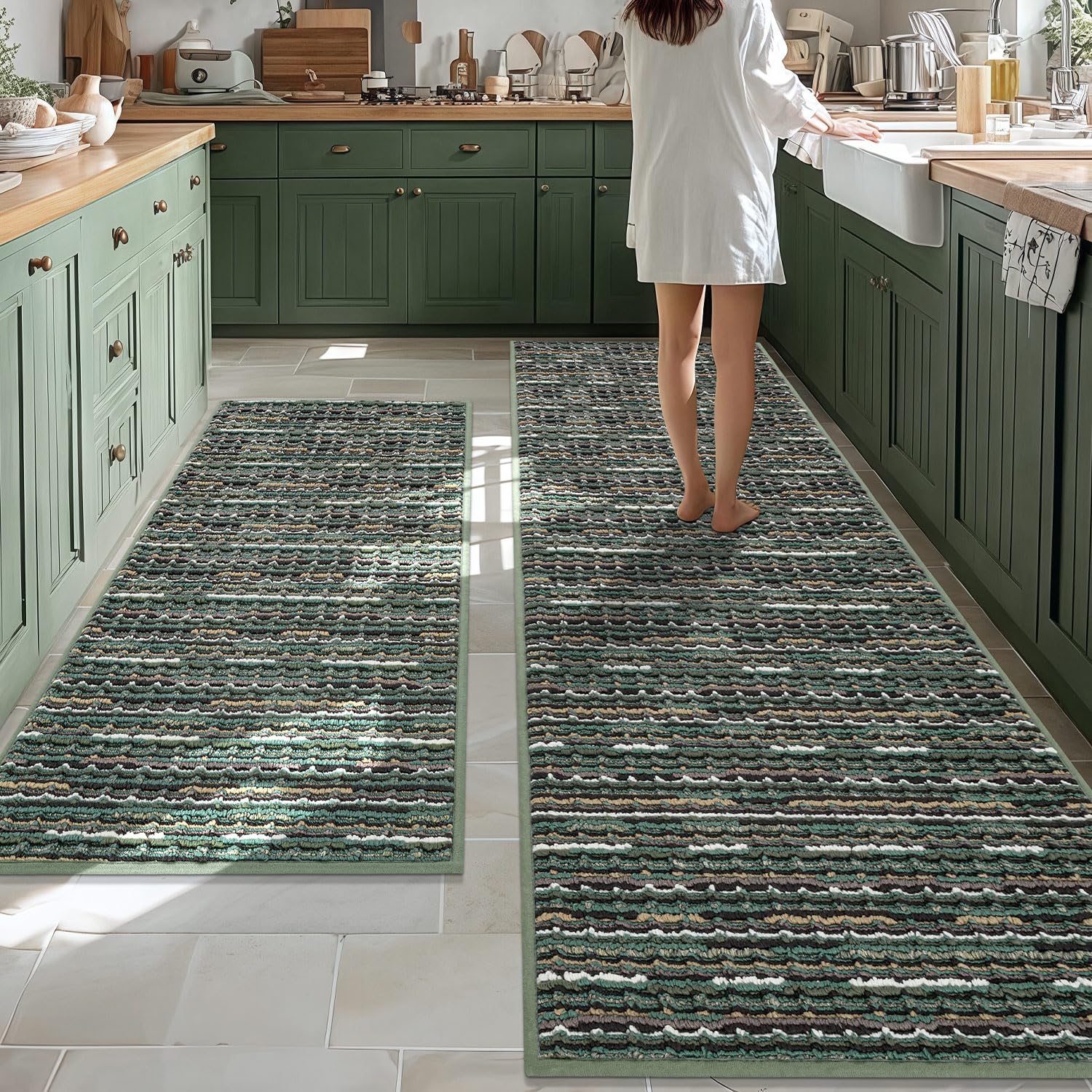 Photo 1 of Kitchen Rugs Sets of 2-Non Slip Kitchen Mats for Floor-Thick Stain Resistant Vintage Kitchen Floor Mat Runner Carpet for Hallways Entryway Laundry Room Washable?Green 24"x70"+20"x47"?