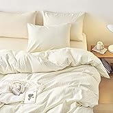 Wake In Cloud - Striped Comforter Set, Ticking Stripe Vertical Pinstripe Neutral Farmhouse Pattern Printed, Soft Lightweight Bedding, 3 Pieces, Yellow Beige White, Queen Size