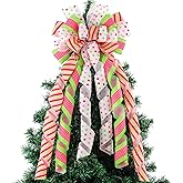 HunnmingRe Green and Pink Christmas Tree Topper, 48 x 13 Inches Bow Wreath Pink and Green Large Christmas Bow Tree Topper Polyester Gift for Xmas Ornament Holiday Indoor Outdoor Home Decoration