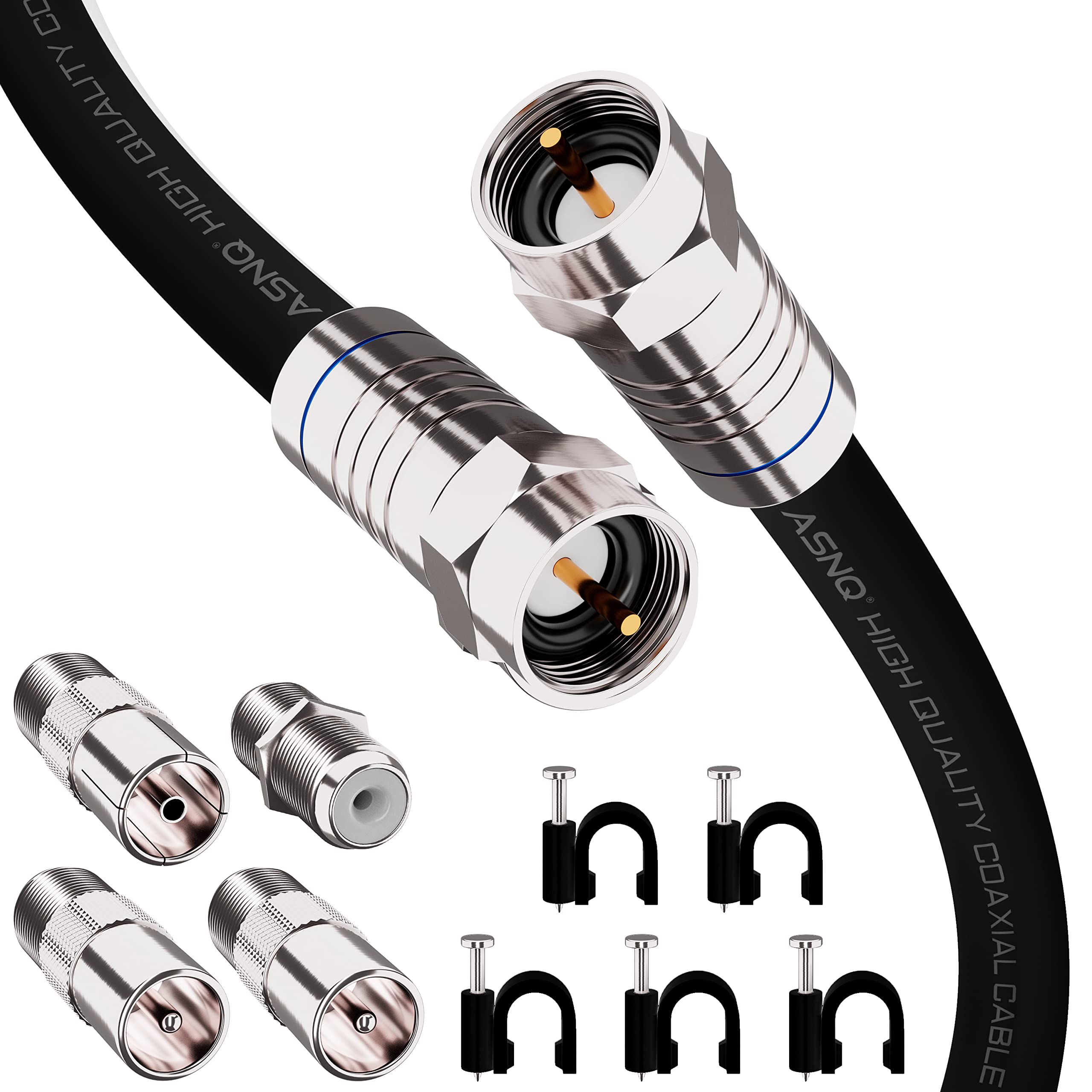 ASNQ RG6 Coaxial Cable Connectors Set 75 OHM - High-Speed Premium Coax Cable 5m - For Internet, Digital TV, Satellite, Aerial Connections - Includes 4 Extension Couplers to connect Cable Extensions