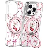 Loheckle for iPhone 15 Pro Max Case with Stand- Compatible with MagSafe Women Girls Cute Clear Girly Aesthetic Unique Design Soft TPU Magnetic Ring Phone Cover for Apple 15 Promax, Bow