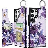 Shorogyt for Samsung Galaxy S24 Ultra Wallet Case with Card Holder - Designer Purple Flower Pattern Kickstand Magnetic Clasp Back Flip Folio Leather Phone Cases for S24 Ultra for Women Men Girls