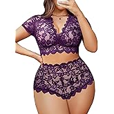 Avidlove Plus Size Lingerie Plus Floral Lace Scallop Trim Lingerie Set Deep V Allover Lace Bra Panties Set Sexy Clubwear
