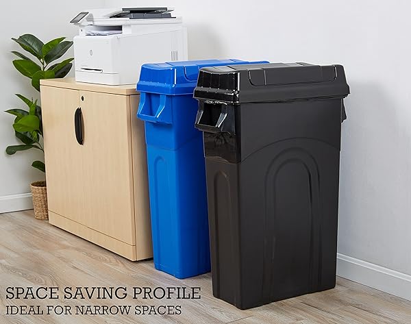 UNITED SOLUTIONS HIGHBOY WASTE CONTAINER WITH SWING LID, 23 GALLON, SPACE SAVING SLIM PROFILE AND SIMPLE BAG REMOVAL, HANDLES FOR EASY CARRYING, INDOOR/OUTDOOR USE, PLASTIC, BLACK, 1-PACK.