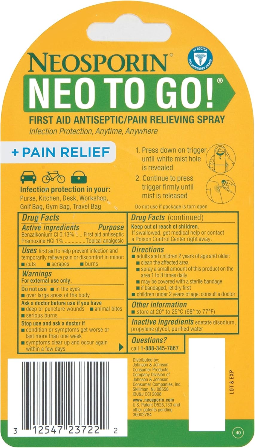 Neosporin + Pain Relief Neo to Go! First Aid Antiseptic/Pain Relieving Spray.26 Oz: Health & Personal Care