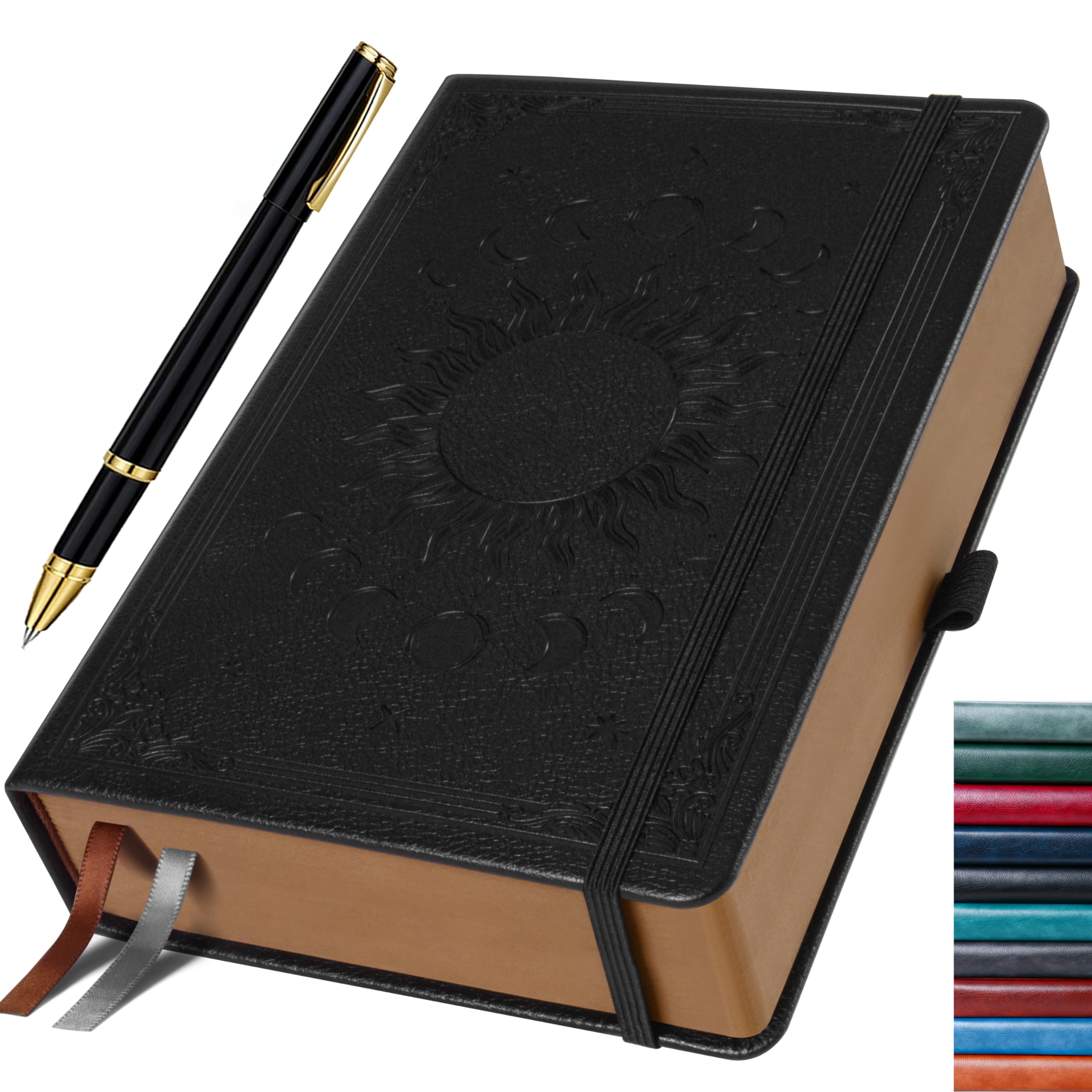 HwxBen Journal for Men & Women, Daily for Classic Lined Writing, 360 Pages Hardcover Journaling Notebook with Pen, Vintage Sun & Moon Design, Black, A5 (5.9'' x 8.5'')