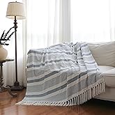 IKATYARN Blue Striped Chenille Throw Blanket, Velvety Blue and White Decorative Chair Throw with Fringe, 50 x 60 Inches