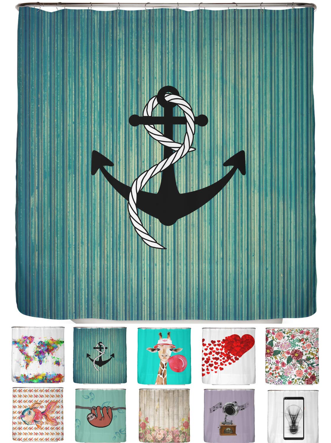 arteneur® - Anchor - Shower Curtain 180 x 200cm - Mould Resistant Fabric, Weighted Hem, Opaque, Waterproof, Washable incl. 12 hooks — image 1