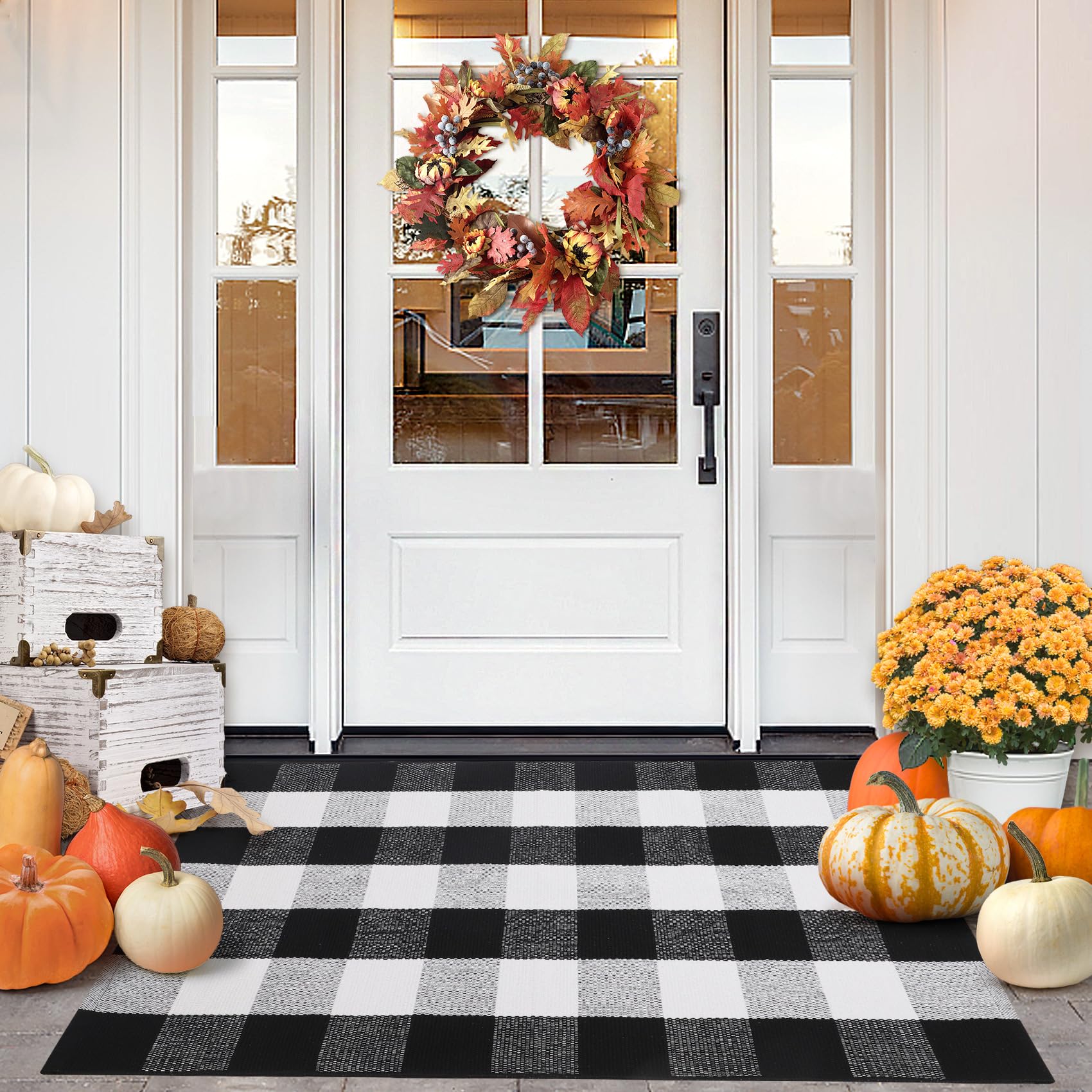 Photo 1 of Acerich Fall Door Mat 27.5" x 43", Black and White Buffalo Plaid Fall Doormat Washable Fall Outdoor Welcome Mat for Front Door, Porch, Entryway Decor