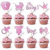 24 Count Glitter Baby Girl Cupcake Toppers, 8 Adorable Designs - Pre-Assembled Pink Cake Decor Picks for Baby Shower, Girls Birthday Party, Gender Reveal & Dessert Decorations