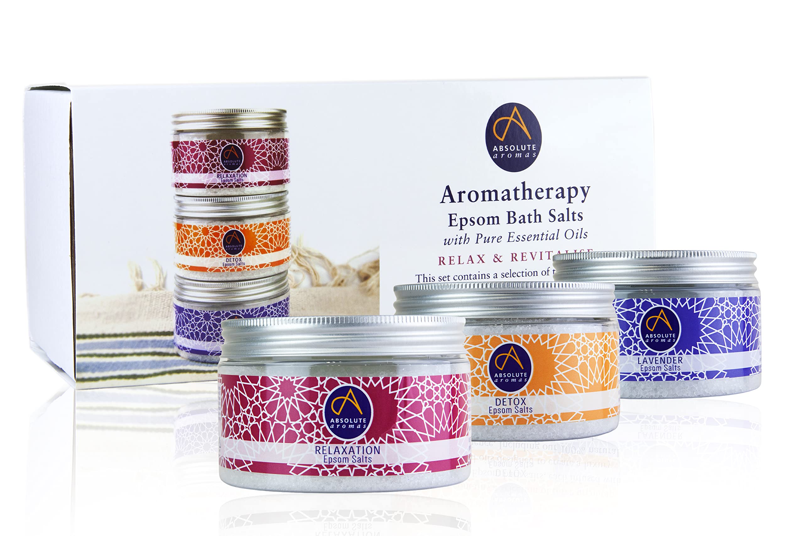 Absolute Aromas Relax & Revitalise Epsom Bath Salts Gift Set – 3 x 300g Lavender, Detox and Relaxation - Magnesium Sulphate Infused with 100% Pure Essential Oils