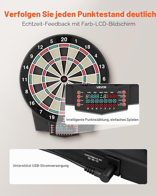 Elektronische Dartscheibe, 393 mm E-Dartsboard mit 43 Spielen & über 320 Variationen für bis zu 8 Spieler, 6 Darts mit Flights & 50 Ersatz-Dartspitzen, Farb-LCD-Punkteanzeige