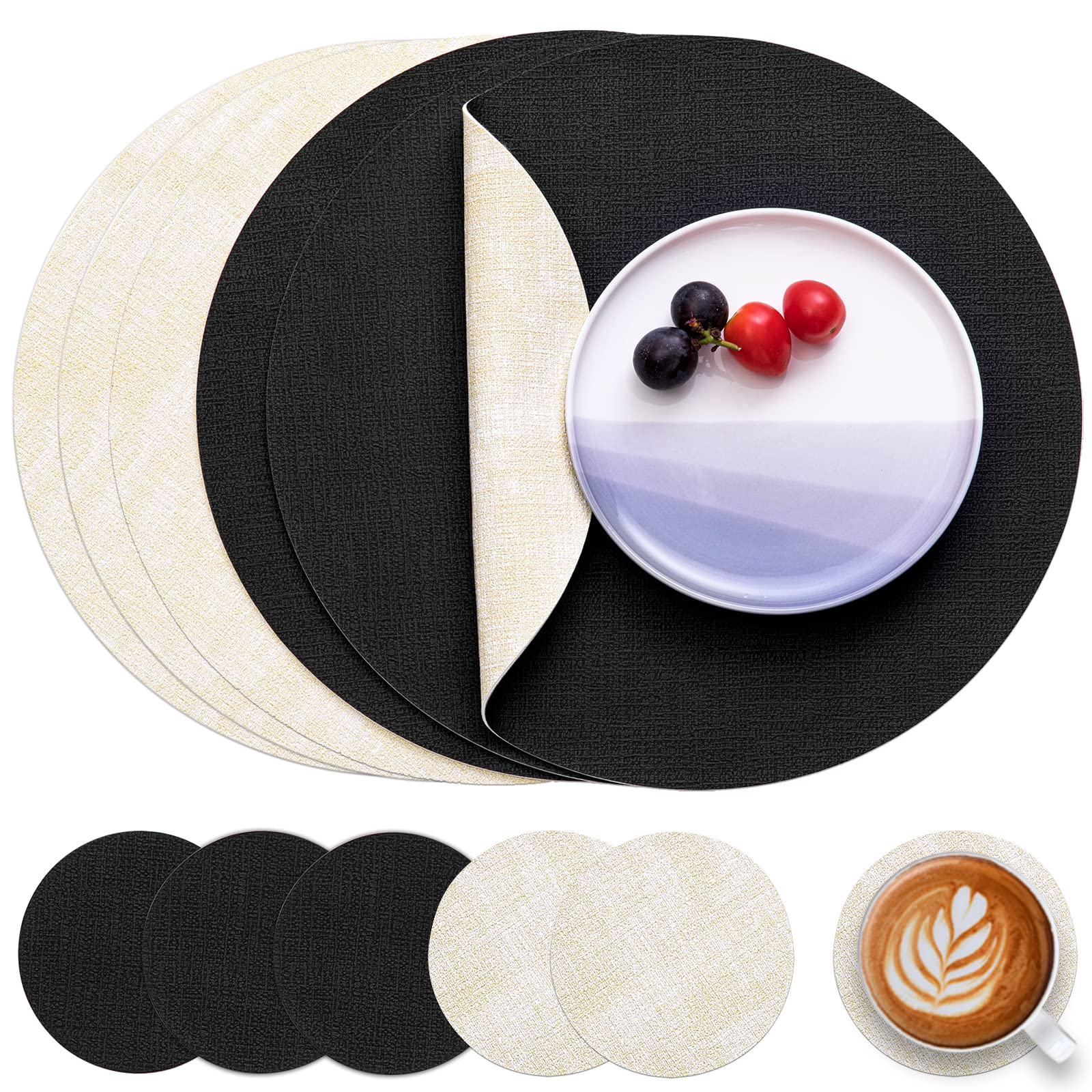 Myir JUN Leather Placemats and Coaster Set of 6, Table Mats Round Waterproof Dual Sided Kitchen Place Mats Coffee Mats Heat Resistant Placemat Non-Slip Washable (set of 6, Black Linen)