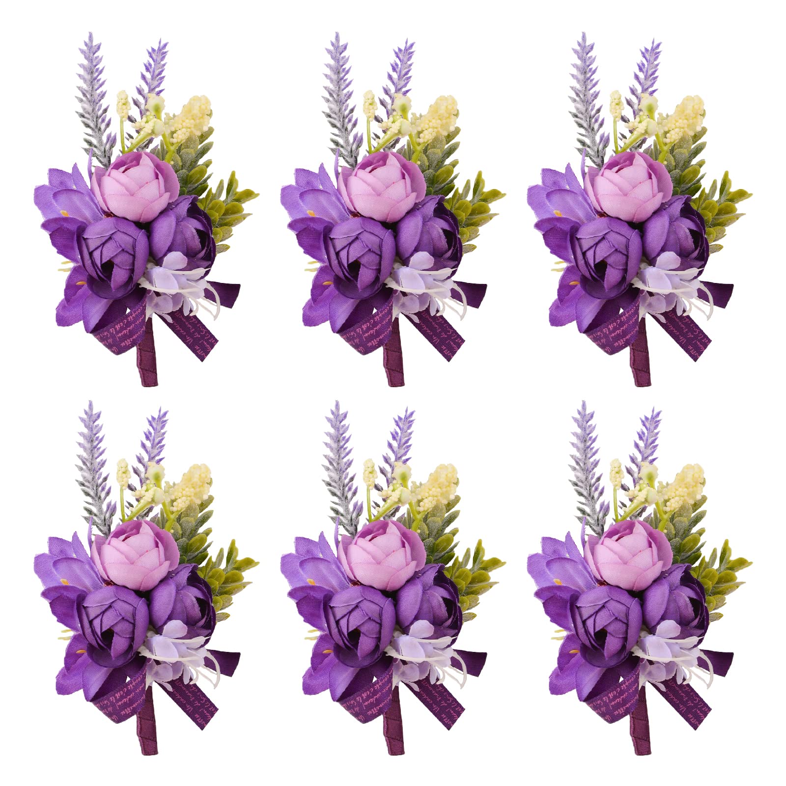 URROMA 6 PCS Purple Small Rose Simulation Corsage Artificial Wedding Flower Accessories for Bridal Groom Groomsman Wedding Flowers