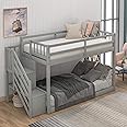 BIADNBZ Twin Over Twin Floor Bunk Bed with Storage Stairs, Wooden Low Bunkbeds Frame for Kids Teens Bedroom, Space Saving Design, Gray