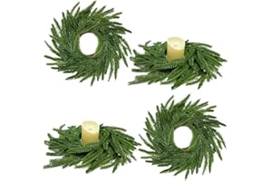 TURNMEON 13.5 Inch Norfolk Pine Wreath Candle Rings, 4 Pcs Realistic Soft and Full Mini Christmas Wreath Table Centerpieces Candle Wreaths for Pillar Candles Cedar Small Wreaths for Cabinets Kitchen Windows