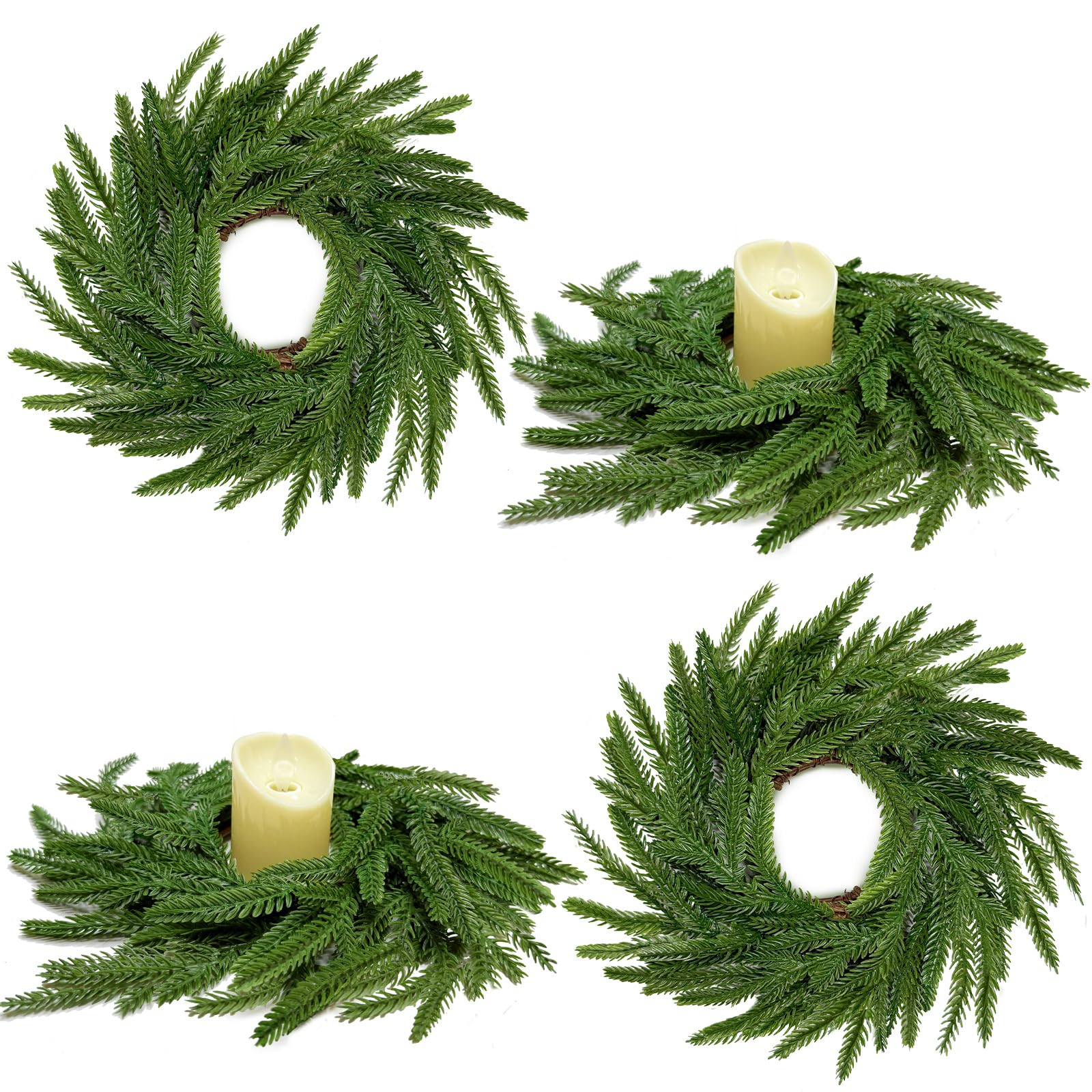 Photo 1 of 13.5 Inch Norfolk Pine Wreath Candle Rings, 4 Pcs Realistic Soft and Full Mini Christmas Wreath Table Centerpieces Candle Wreaths for Pillar Candles Cedar Small Wreaths for Cabinets Kitchen Windows