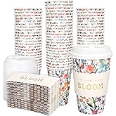 Whaline 50Pcs Spring Wildflower Disposable Coffee Cups with Lids and Sleeves Watercolor Spring Floral Bloom Paper Drinking Cups for Birthday Wedding Baby Shower Supplies