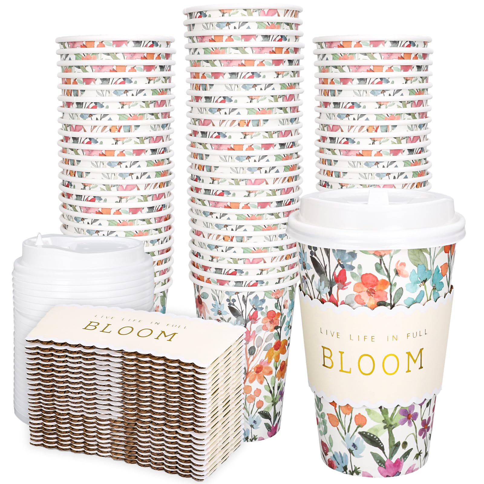 Photo 1 of Whaline 50Pcs Spring Wildflower Disposable Coffee Cups with Lids and Sleeves Watercolor Spring Floral Bloom Paper Drinking Cups for Birthday Wedding Baby Shower Supplies