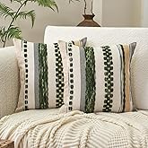 Aeckself Boho Throw Pillow Covers 18x18 Inch Set of 2, Farmhouse Decorative Striped Square Pillow Covers Chenille Tufted Pillow Cases Accent Neutral Pillowcase for Living Room Couch Bed, Dark Green