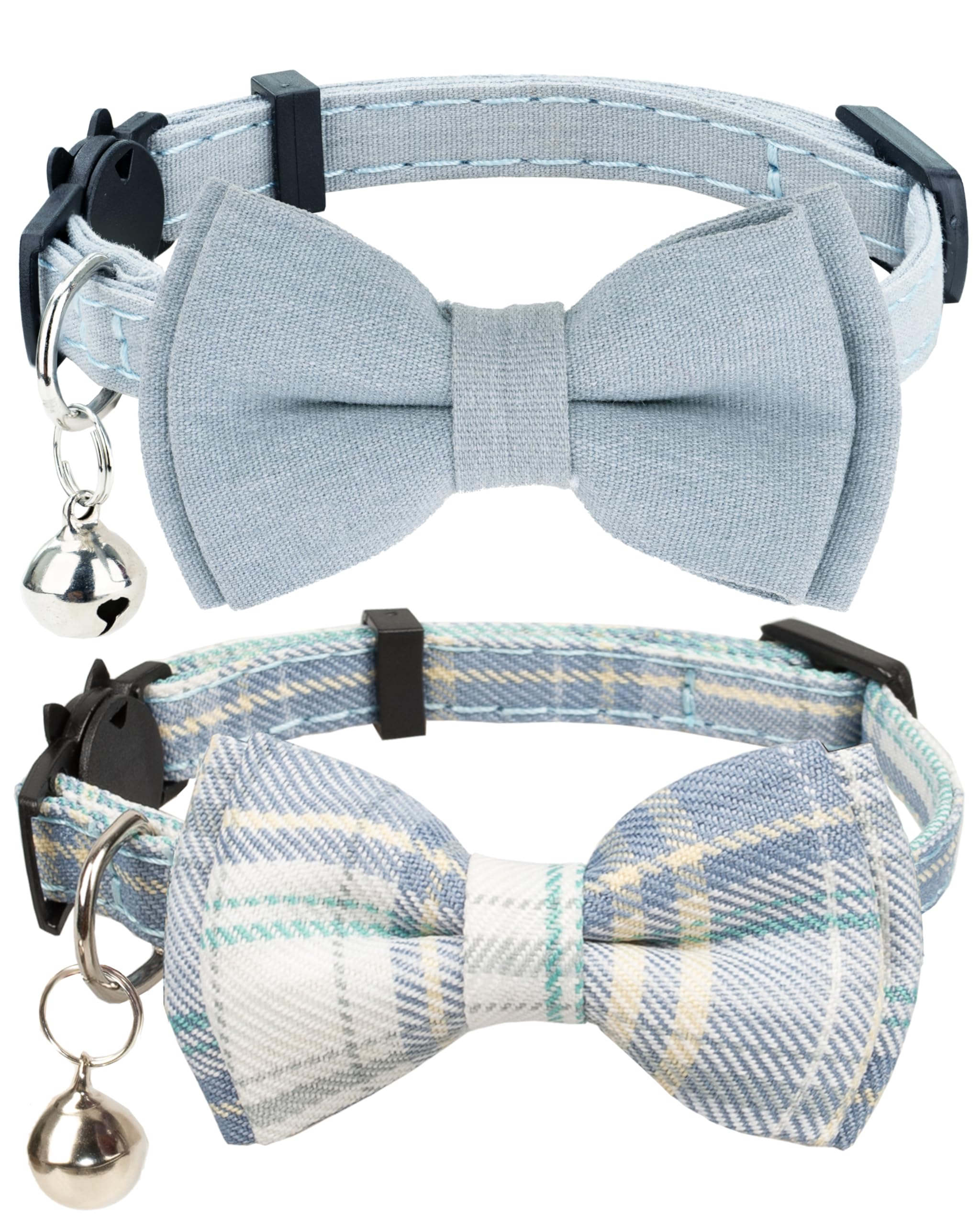 Photo 1 of Gyapet Cat Collar Breakaway Bowtie Safety with Bell Adjustbale Kitten Puppy Solid Plaid Color Set D-[2pcs] Blue Grey