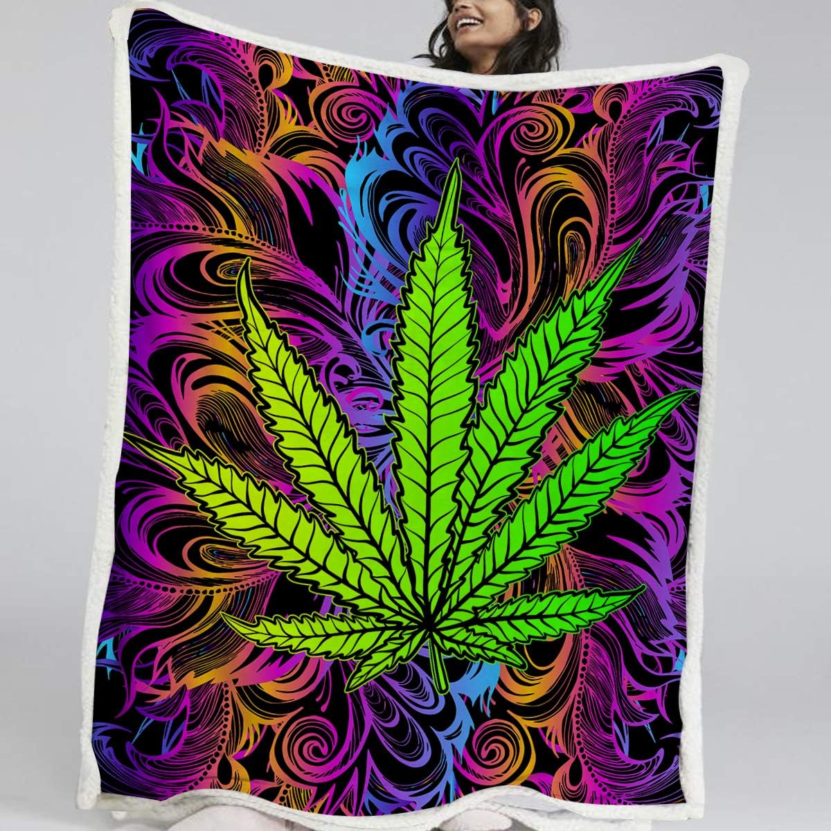 BlessLiving Cannabis Leaf Throw Blanket Rainbow Weed Luxury Sherpa