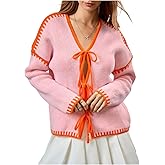WDIRARA Women's Contrast Trim Tie Front Cardigan Sweater V Neck Long Sleeve Knitwear