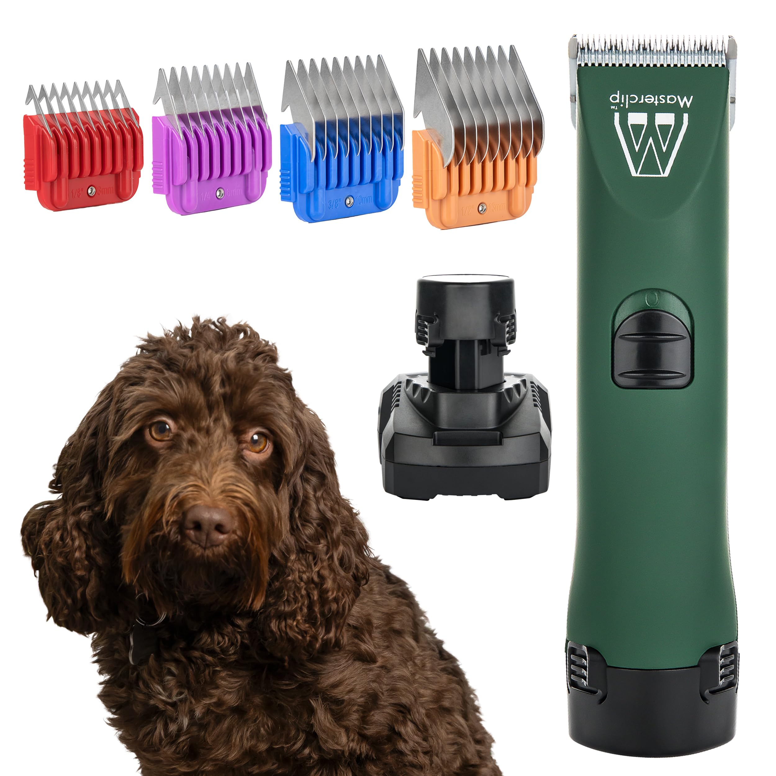 MASTERCLIP Cordless Dog Clippers for Cockapoos Labradoodles Poodles & Cavapoos, Dog Grooming Kit, Pet Shaver Trimmer for Dogs with 2 Batteries, 10 Blade & 3mm, 6mm, 10mm, 13mm Comb Guides.