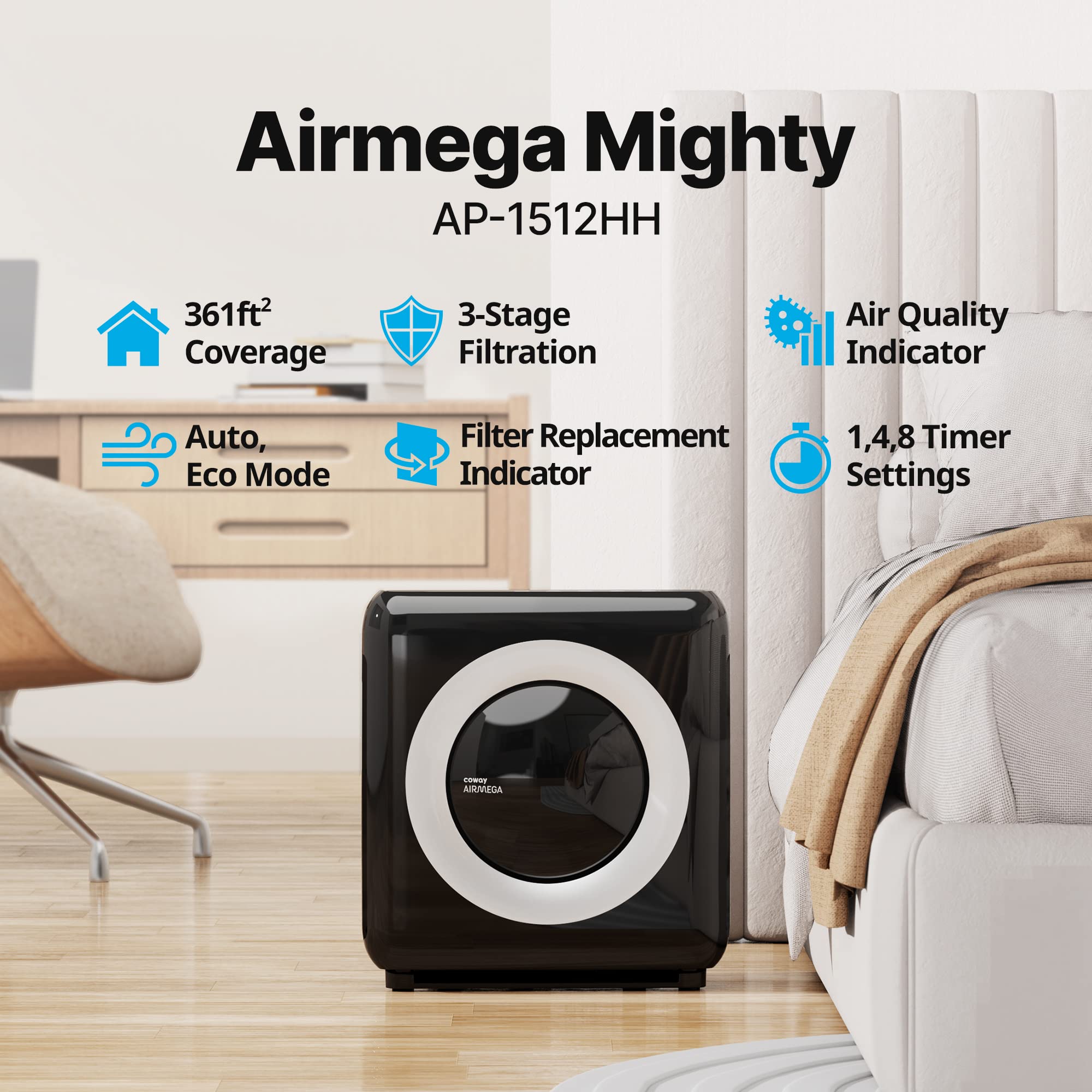 Coway Airmega AP-1512HH True HEPA Air Purifier with Air Quality Monitoring, Auto Mode, Timer, Filter Indicator, Eco Mode - Image 2
