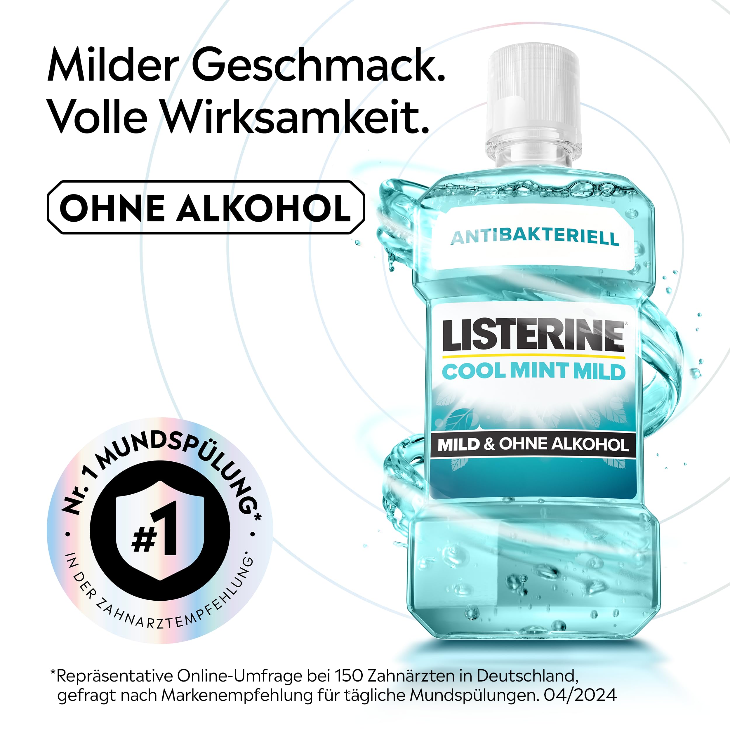 LISTERINE Cool Mint Mild 500 ml, antibakterielle Mundspülung mit ätherischen Ölen und ohne Alkohol, mildes Mundwasser bekämpft wirksam Bakterien, optimale Ergänzung zur täglichen Zahnpflege 2
