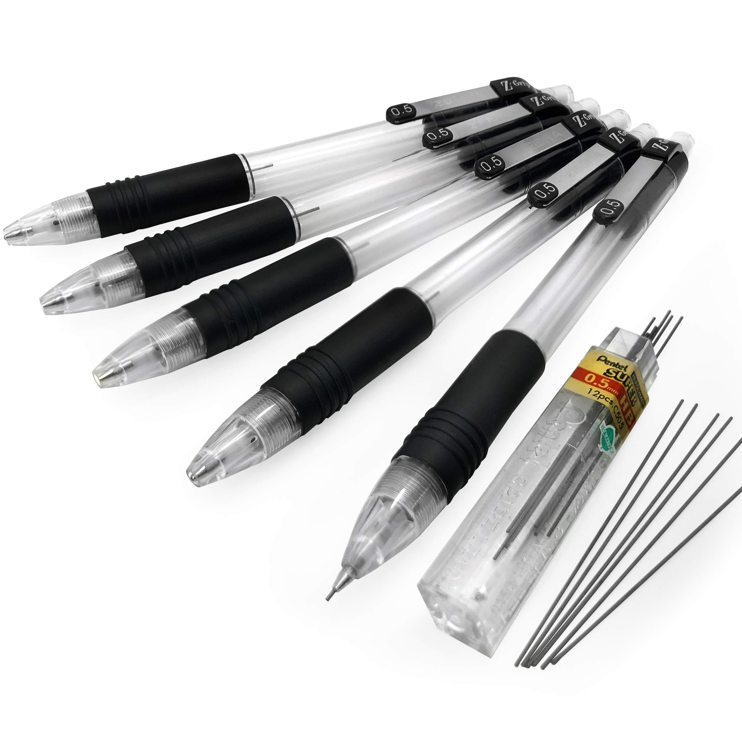 Pentel Zebra Z-Grip Mechanical Pencil - 0.5mm - Pack of 5 + 12 Hi-Polymer 0.5mm HB Refill Leads