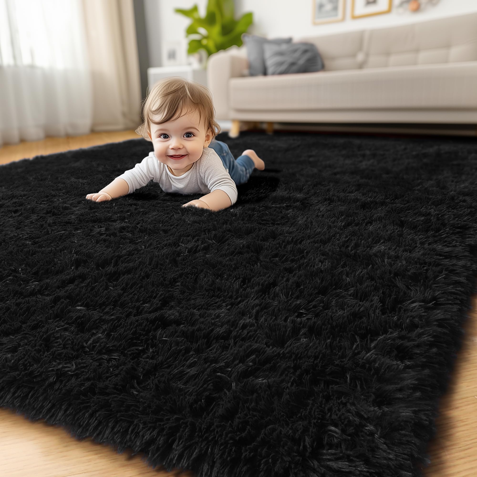 Photo 1 of Amdrebio Black Area Rugs for Bedroom, 5x8, Large Fluffy Rug for Living Room Decor, Modern Cool Rugs for Kids, Boys, Men, Furry Shaggy Carpets for Classroom, Fuzzy Plush Gothic Carpet for Home Office