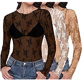 Yincro Womens Lace Tops Long Sleeve Floral Mesh Sheer Shirts Mock Neck See Through Sexy Blouse Top