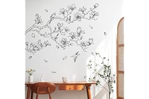 Supzopne Vintage Magnolia Tree Branch Wall Decal - Black and White Flower Bird Vinyl Stickers for Living Room Bedroom Home De