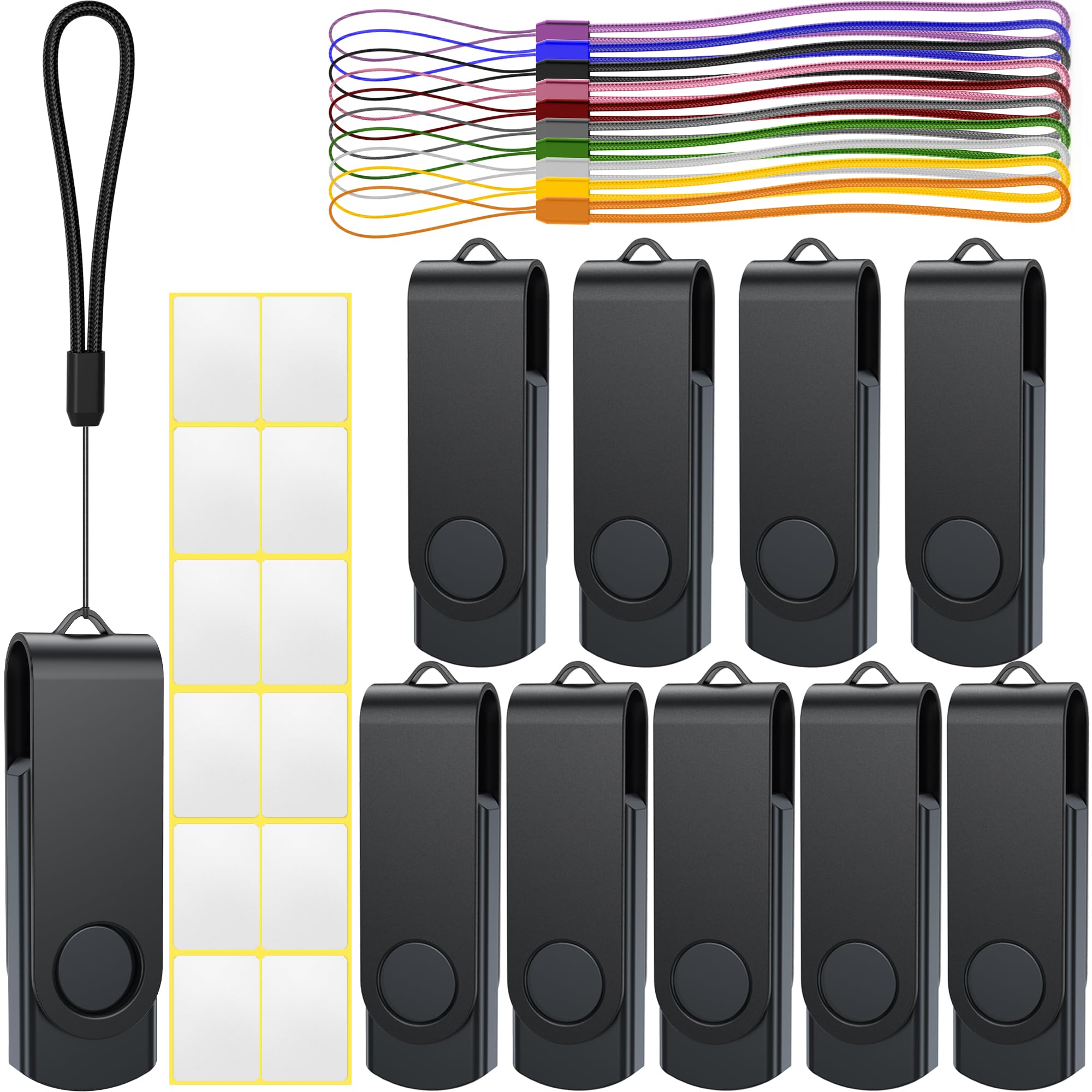 Uflatek USB Stick 32GB USB 2.0 Memory Stick Thumb Flash Drive 10 Pack Rotate USB Memory Sticks Black Metal Pen Drive USB Flash Drive with Tag and Lanyard for Computer Laptop
