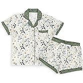 DEMDACO Hunter Green & Pastel Watercolor Floral Pattern Women's Soft Knit Rayon Blend Short Sleeve Button-Up Top & Drawstring Shorts, 2 Piece Pajama Set, Medium