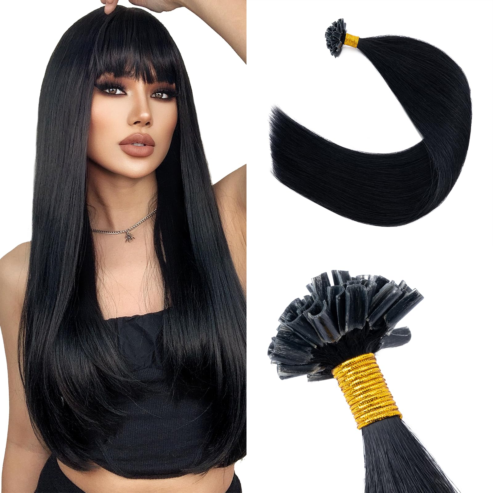 Silk-co U Tip Pre Bonded Hair Extensions Strands Keratin Nail Tip Straight Human Hair Extensions U tip Real Remy Hair 50 Strands Keratin Nail Til 18"-50g #01 Jet Black — image 1