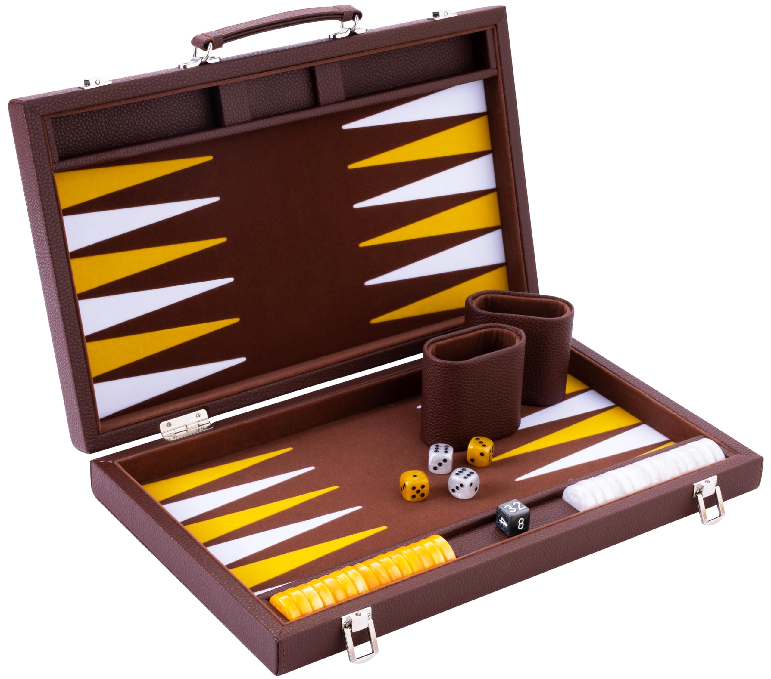 Engelhart - 250520 - Luxury Backgammon Set 15" - faux leather exterior, interior special felt inlay - pearly dice and token - 2 tumblers